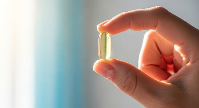 taking fish oil capsule, hand holding a single golden omega-3 supplement pill. Useful for healthcare advice, dietary supplement marketing, and healthy living blogs.