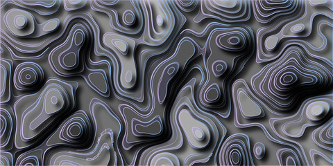 Fototapeta premium Topographic contour map abstract background with layered relief effect and glowing neon blue and purple outlines, creating a futuristic and scientific visual representation