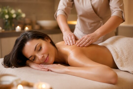 Relaxed woman receiving professional back massage in serene spa setting, warm candlelit ambiance, serene facial expression, therapeutic wellness treatment