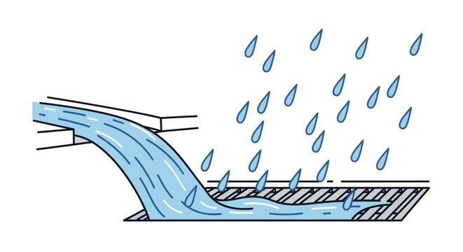 This simple yet effective graphic illustration depicts a conceptual representation of water runoff during a rainfall event with a pipe channeling water onto a grated surface on transparent background.