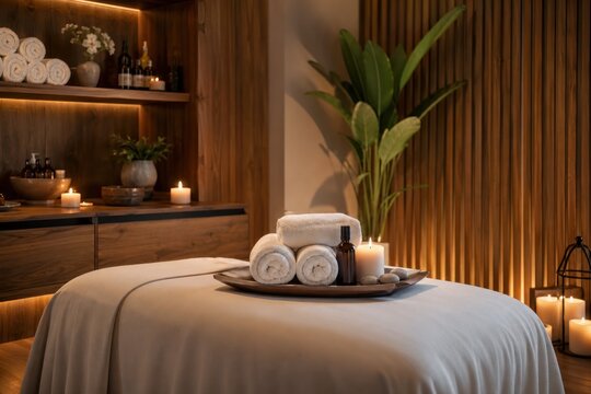 Luxurious spa treatment table with neatly rolled white towels, small potted plant, lit candles, and aromatic oil bottles, warm-toned wooden walls, cozy relaxation ambiance for wellness therapy session