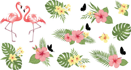 Tropical flamingo vector set featuring exotic birds, hibiscus flowers, palm leaves and butterflies in colorful summer design style © jafrine