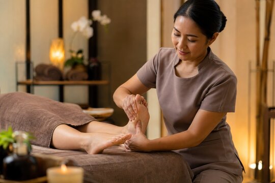 Professional spa therapist performing relaxing foot massage on client in serene wellness center with warm candlelit ambiance, cozy beige towels, and soft orchid decor