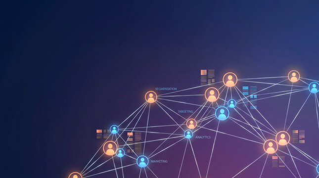 customer segmentation and data analytics for digital marketing strategy showing audience targeting through a global network of connected people icons and consumer behavior insights on blue.