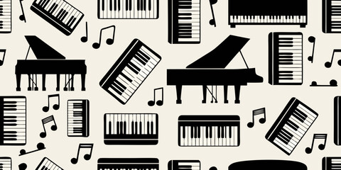 Seamless pattern of pianos keyboards and musical notes on beige © Huraya