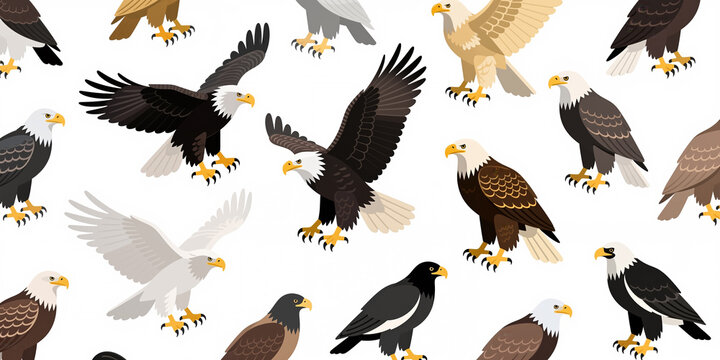 A repeating pattern of cartoon eagles in various poses and colors including black, brown, white, and gray on a white background.