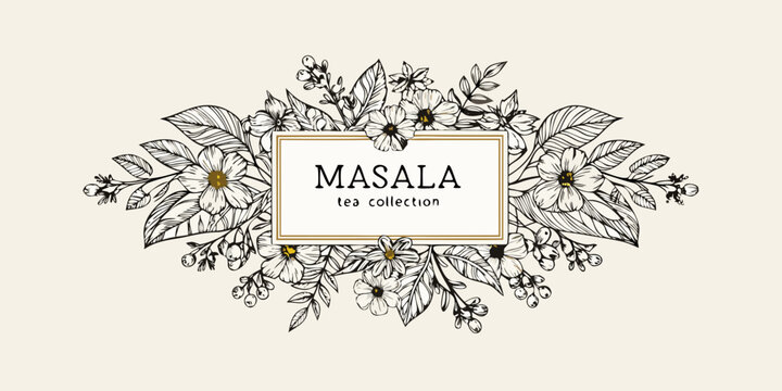 Floral frame with text masala tea collection hand drawn style