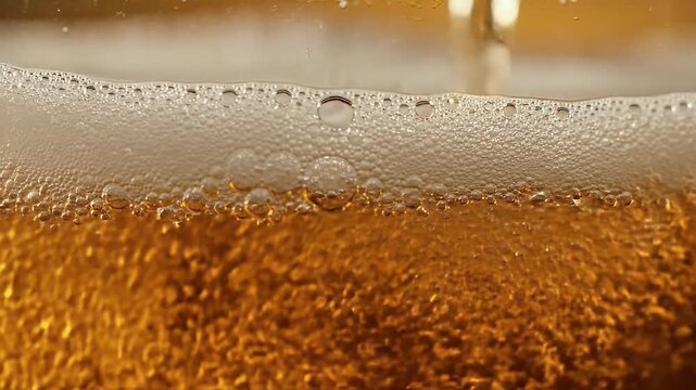 A close-up shot captures the cascading flow of golden liquid into a glass, creating a mesmerizing display of bubbles and droplets.