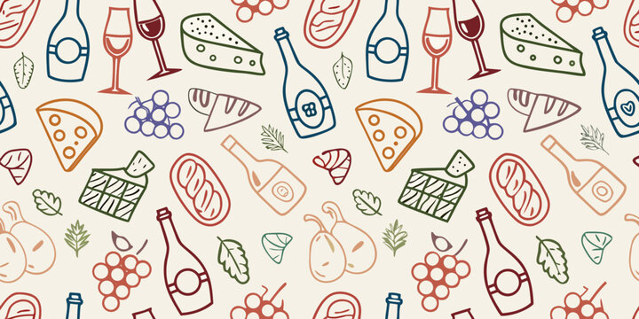 French bistro food and drink seamless pattern hand drawn style