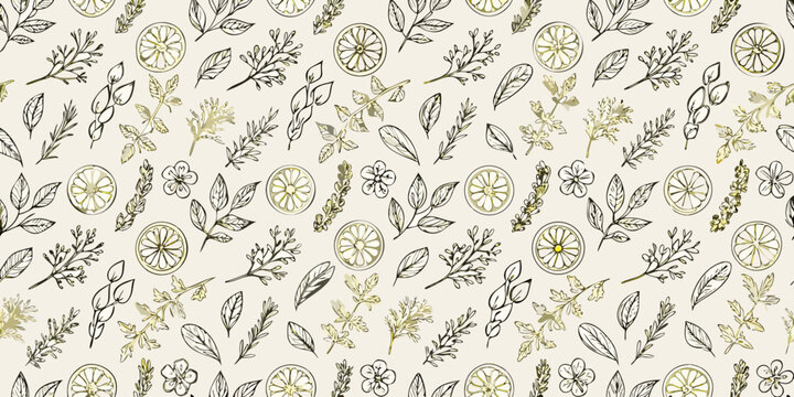 Seamless pattern of herbs citrus slices and floral elements