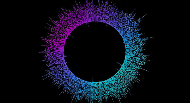 Abstract circular particle explosion with neon purple and cyan light on black background abstract particles explosion background technology particle futuristic colorful