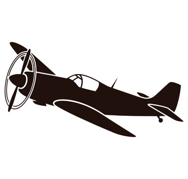 Vintage monoplane airplane silhouette with propeller and wing  isolated on white background