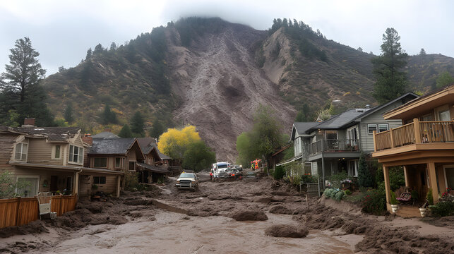 Mudslide engulfing houses on a mountainside