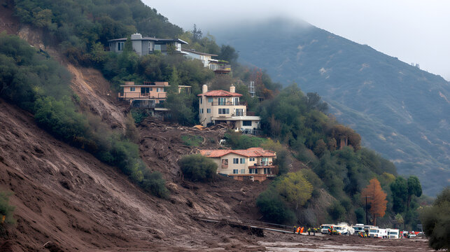 Mudslide engulfing houses on a mountainside