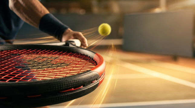 Dynamic tennis shot captures player hitting forehand with racket and yellow ball in motion creating energy and focus on indoor court with warm light and motion blur