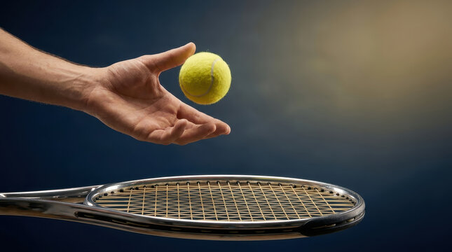 Tennis player prepares to serve holding bright yellow tennis ball above racket in focused motion conveying motion anticipation and athletic concentration