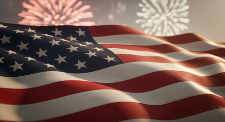 Obraz premium American flag waving with fireworks in background