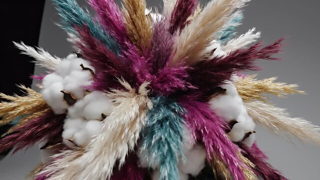A vibrant and textured floral arrangement featuring fluffy cotton balls and colorful pampas grass against a neutral gray backdrop.