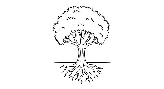 Minimalist black and white line tree with detailed roots and branches