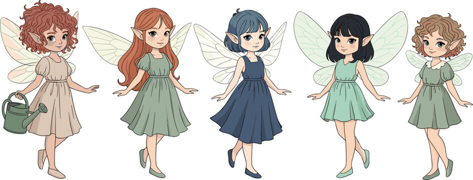 Fantasy Fairy Character Set with Different Hairstyles, Dresses, and Wings for Magical and Fantasy Design Projects