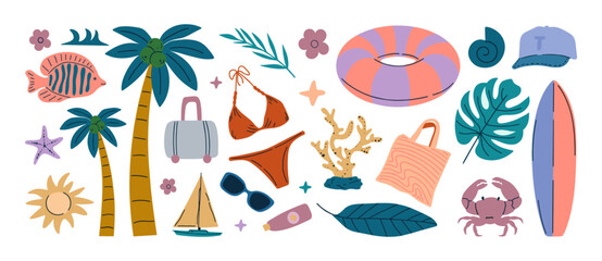 Fototapeta premium Summer beach vacation icons and elements collection with palm trees tote bag inflatable ring summer fashion flat design beach accessories vacation elements collection tropical swimsuit