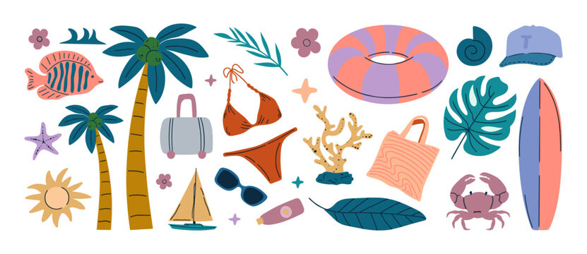 Summer beach vacation icons and elements collection with palm trees tote bag inflatable ring summer fashion flat design beach accessories vacation elements collection tropical swimsuit