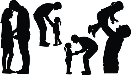 Naklejka premium Father and child silhouettes collection family interaction poses black vector illustration of parenting love care and bonding moments