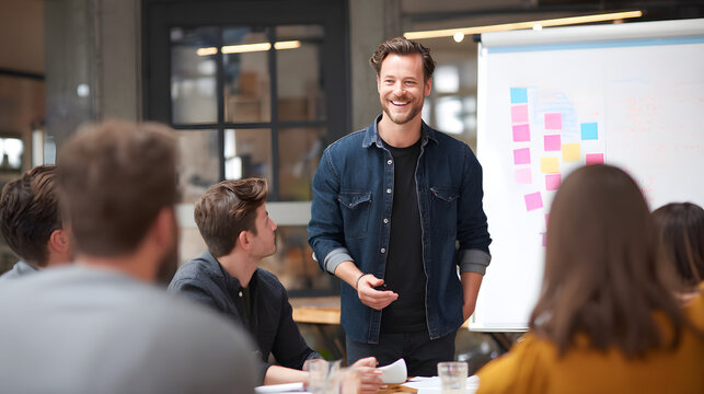 Entrepreneur presenting product prototype to team