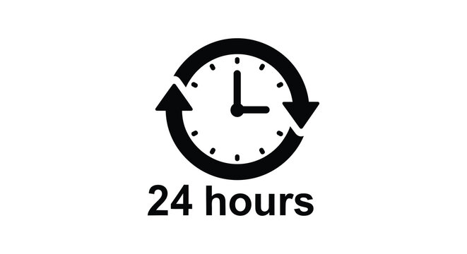 Clock with circular arrow and text 24 hours silhouette