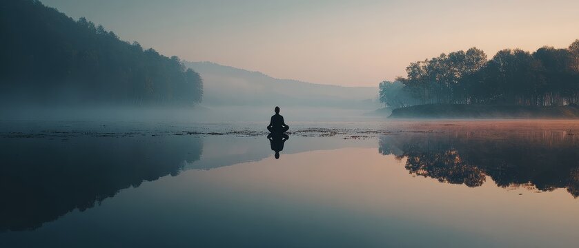 Serene yoga meditation by the lake mindfulness for mental health calm environment silhouette view at dawn