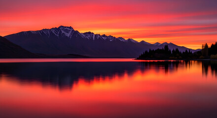 Fototapeta premium Mountain lake reflects vibrant sunset colors