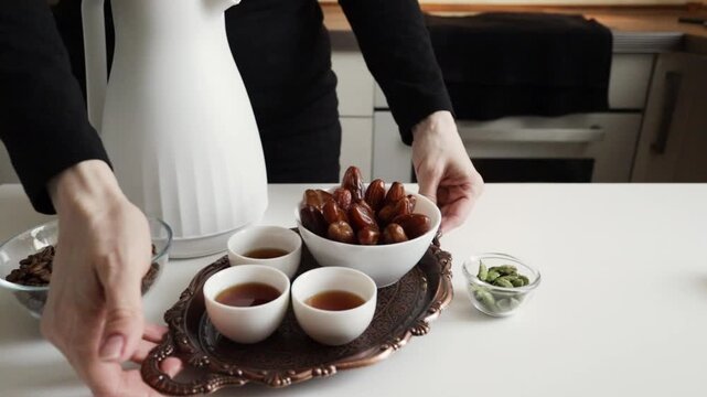 hands lifting ornate tray with finjan cups and bowl of dates prepared for serving arabic coffee at home during ramadan gathering