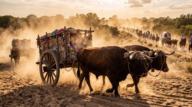 Oxen pulling a traditional wooden wagon during El Rocio pilgrimage in Andalusia