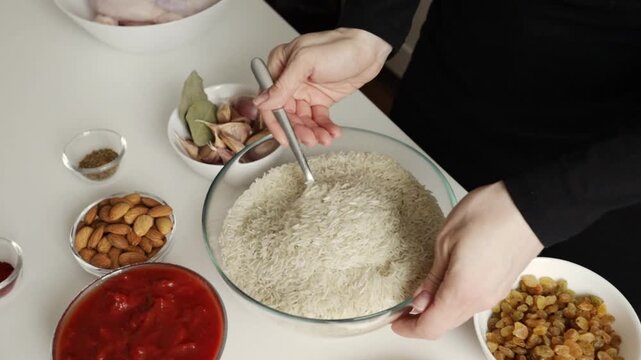 hand stirring dry basmati rice before cooking with festive ingredients