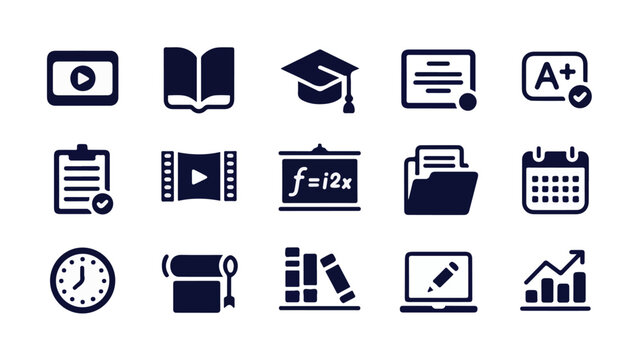 A set of 15 dark blue icons arranged in a grid pattern for educational purposes online