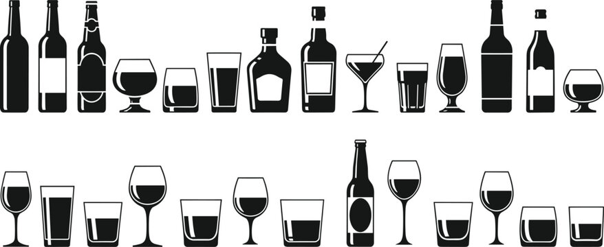 Black and white silhouette collection of bottles and drinking glasses showcasing beverage containers and barware design