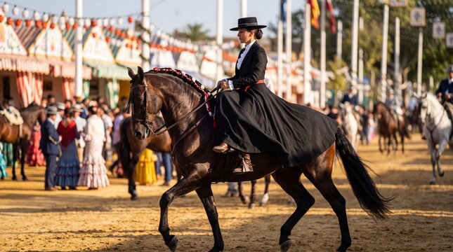 Elegant woman in traditional Spanish attire riding sidesaddle at Jerez festival