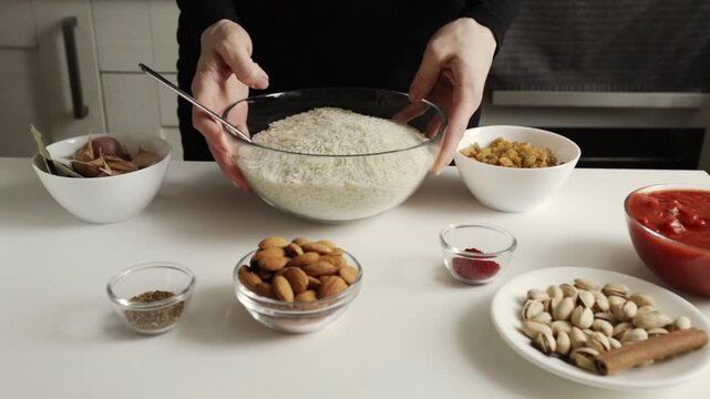 hands hold a large glass bowl of uncooked basmati rice surrounded by raisins almonds pistachios garlic and tomato sauce, presenting the main base ingredient for a celebratory dish