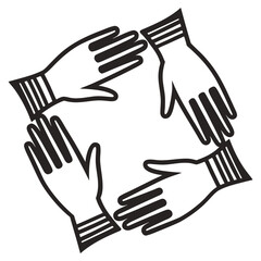 Obraz premium Graphic icon of four hands joined in a circle with teamwork cooperation together connection collaboration partnership