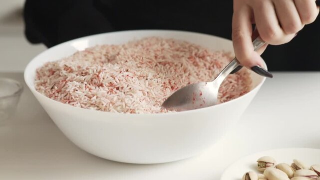 spoon moving through uncooked basmati rice dusted with fine red spice, creating an even coating before cooking in a traditional savory rice recipe