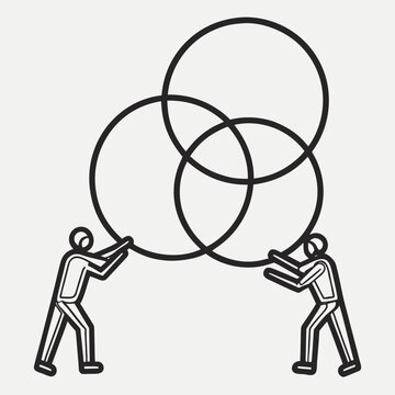 Two figures holding intersecting circles together with venn diagram collaboration teamwork partnership together intersecting