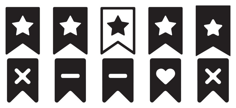 Solid black bookmark and flag icons with star and plus, vector navigation symbols. vector illustration eps 10