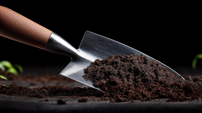 Close-up of a trowel isolated on transparent background with rich dark soil still attached, essential garden tool concept, product PNG detail, planting equipment, with copy space