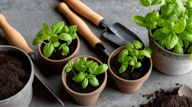 Overhead flat lay of basil seedlings in small pots beside gardening tools and soil, herb gardening concept, kitchen garden preparation, spring planting, with copy space