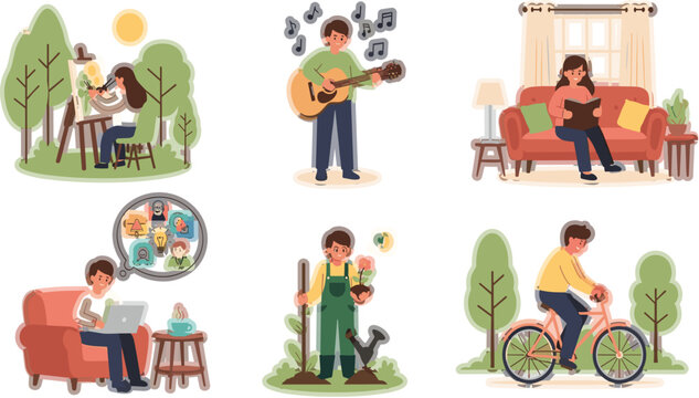 PrintSet of People Hobby Activities with Painting Music Reading Gardening Cycling and Online Learning Vector Illustration Collection