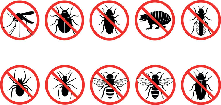 No insects prohibition signs collection featuring mosquito beetle fly and pest icons with red warning symbols flat vector illustration