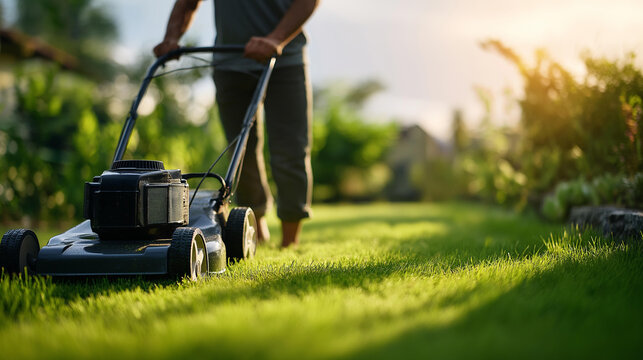 Rear view of a low-angle shot of a person mowing grass with a lawnmower in a sunny backyard, garden maintenance concept, lawn care hobby, outdoor home activity, defocused background, with