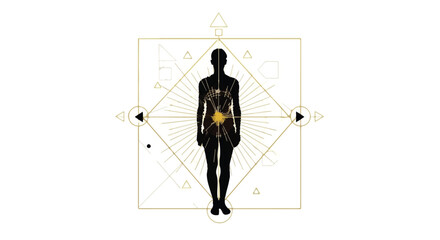 Human silhouette stands centered within sacred geometric shapes and mystical light rays. © Moheeb