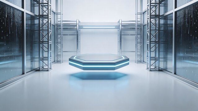 Futuristic room with hexagonal platform