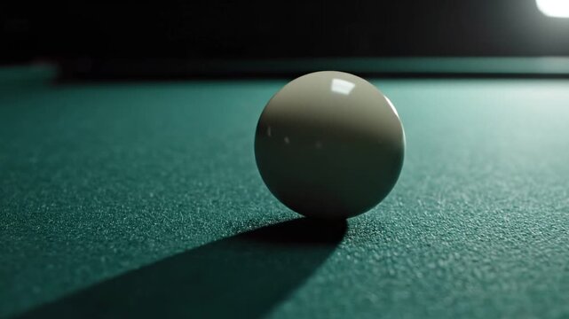White Cue Ball Rolling on Green Billiard Table Surface in Slow Motion